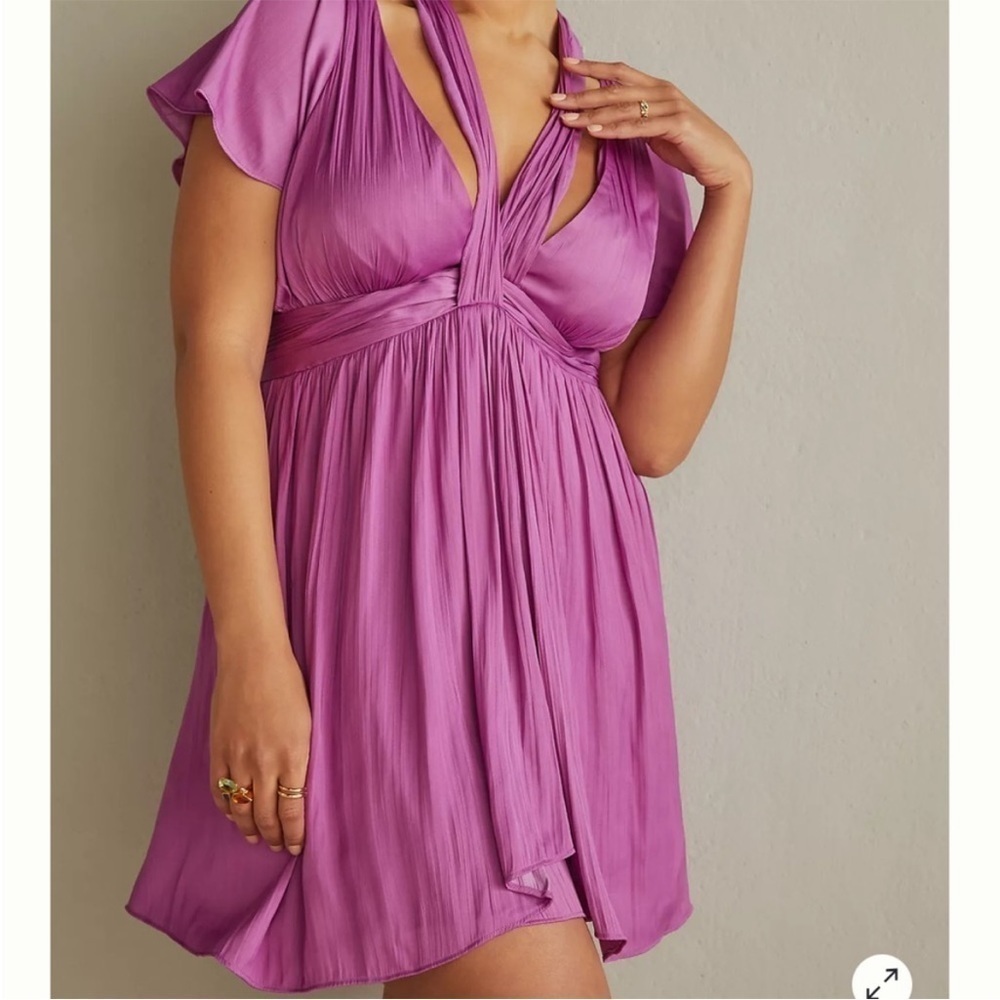Anthropologie Deep V Neck Dress Vibrant Mini Purple Silky Cutout Party Sz 4